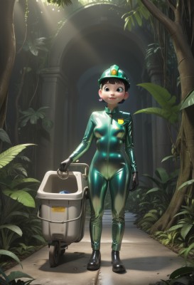 1girl,solo,breasts,looking at viewer,smile,short hair,black hair,gloves,hat,holding,jewelry,medium breasts,closed mouth,standing,full body,earrings,outdoors,day,black gloves,shiny,black eyes,tree,bodysuit,leaf,sunlight,plant,nature,peaked cap,skin tight,shiny clothes,light rays,black bodysuit,latex,latex bodysuit,green bodysuit,small breasts,genderswap,genderswap (mtf),forest