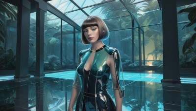 1girl,solo,breasts,looking at viewer,short hair,bangs,brown hair,black hair,dress,cleavage,brown eyes,jewelry,medium breasts,closed mouth,standing,collarbone,upper body,short sleeves,earrings,indoors,blunt bangs,water,black dress,lips,see-through,makeup,leaf,bob cut,plant,lipstick,reflection,fish,nose,arms at sides,red lips,pool,aquarium,parted lips,open clothes,black eyes,looking to the side,window,bodysuit,skin tight,science fiction,shiny clothes