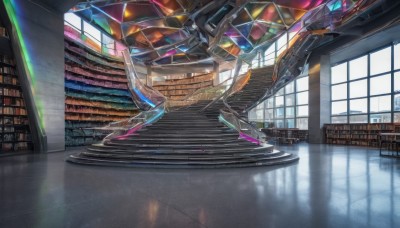 day,indoors,book,no humans,window,sunlight,scenery,reflection,light rays,stairs,bookshelf,shelf,library,stained glass,reflective floor,science fiction,realistic,railing,ladder