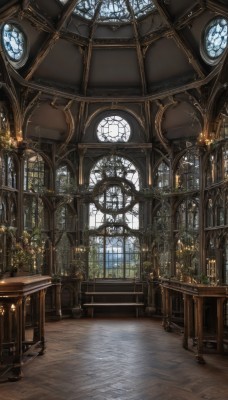 day,indoors,tree,no humans,window,chair,table,sunlight,plant,scenery,light rays,wooden floor,stairs,candle,architecture,pillar,stained glass,church,arch,candlestand,chandelier,fire,fantasy,clock,bookshelf,potted plant,vase