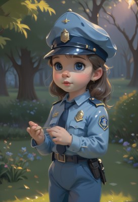 1girl,solo,long hair,looking at viewer,blush,blue eyes,brown hair,shirt,long sleeves,hat,holding,jewelry,standing,flower,cowboy shot,earrings,outdoors,parted lips,necktie,day,collared shirt,belt,pants,medium hair,uniform,tree,lips,grass,blue shirt,child,nature,peaked cap,black necktie,blue headwear,forest,pocket,black belt,pouch,blue necktie,blue pants,holding flower,female child,stud earrings,belt pouch,police,police uniform,policewoman,police hat,weapon,gun,nose,holster,badge,walkie-talkie