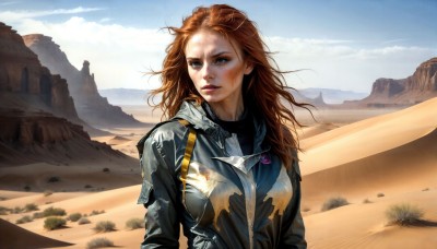 HQ,1girl,solo,long hair,breasts,blue eyes,brown hair,jacket,upper body,outdoors,parted lips,sky,day,cloud,blue sky,lips,bodysuit,messy hair,science fiction,injury,mountain,realistic,dirty,desert,dirty face,red hair,orange hair,armor,wind,freckles,sand