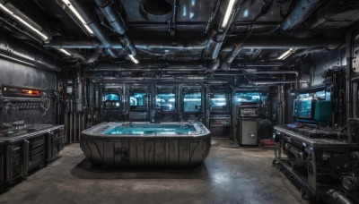 indoors,water,no humans,window,robot,scenery,machinery,science fiction,realistic,cable,monitor,spacecraft,cockpit,machine,screen