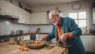 solo,short hair,shirt,long sleeves,1boy,holding,standing,jacket,white hair,grey hair,male focus,food,glasses,collared shirt,pants,indoors,cup,window,facial hair,table,bottle,knife,plant,blue jacket,beard,plate,bowl,round eyewear,mustache,clock,holding knife,lamp,carrot,old,orange shirt,old man,kitchen,vegetable,counter,stove,cutting board,wall clock,onion,scarf,fruit,red shirt,sleeves rolled up,realistic,potted plant,bald,cooking,orange (fruit),jar,tomato,frying pan,cabinet,lettuce,potato,kitchen knife