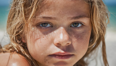 1girl, solo, long hair, looking at viewer, blonde hair, brown eyes, closed mouth, day, blurry, lips, depth of field, blurry background, beach, portrait, close-up, freckles, realistic, nose