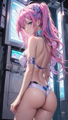 1girl,solo,long hair,breasts,looking at viewer,blush,bangs,blue eyes,hair ornament,bare shoulders,twintails,medium breasts,closed mouth,blue hair,standing,swimsuit,pink hair,ass,ahoge,sidelocks,bikini,thighs,multicolored hair,cowboy shot,looking back,indoors,from behind,nail polish,collar,two-tone hair,two side up,streaked hair,bare arms,back,white bikini,arm strap,median furrow,purple eyes,ponytail,flower,star (symbol),halterneck,wavy hair,hair intakes,armlet,curly hair,star hair ornament,butterfly hair ornament