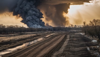 outdoors,sky,cloud,water,tree,no humans,sunlight,cloudy sky,grass,nature,scenery,forest,smoke,sunset,mountain,road,river,landscape,signature,light rays