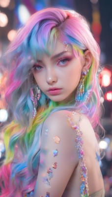 1girl,solo,long hair,looking at viewer,bangs,blue eyes,dress,bare shoulders,jewelry,closed mouth,blue hair,upper body,pink hair,multicolored hair,earrings,green hair,artist name,blurry,from side,two-tone hair,lips,looking to the side,grey eyes,eyelashes,strapless,tattoo,gradient hair,makeup,depth of field,blurry background,lipstick,gem,web address,eyeshadow,pink lips,realistic,nose,eyeliner,bokeh,colorful,mascara,rainbow hair,breasts,blonde hair,watermark,wavy hair,pearl (gemstone)