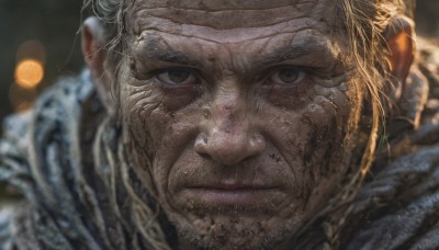 solo,looking at viewer,1boy,brown eyes,closed mouth,male focus,scarf,blurry,depth of field,blurry background,facial hair,scar,bandages,portrait,close-up,realistic,old,wrinkled skin,armor,beard,scar on face,lens flare,stubble,manly