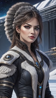 1girl,solo,long hair,breasts,looking at viewer,brown hair,brown eyes,jewelry,medium breasts,closed mouth,upper body,earrings,outdoors,sky,necklace,armor,lips,fur trim,makeup,night,lipstick,gem,night sky,snow,freckles,snowing,realistic,nose,red lips,hood,star (sky),starry sky