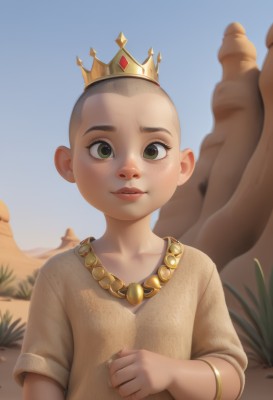 1girl,solo,looking at viewer,1boy,jewelry,green eyes,upper body,male focus,outdoors,parted lips,multiple boys,sky,penis,solo focus,day,necklace,bracelet,blue sky,lips,testicles,crown,child,freckles,male child,bald,desert,smile,short hair,dress,artist name,aged down,very short hair