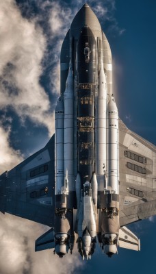 sky,day,cloud,military,no humans,building,flying,science fiction,realistic,aircraft,military vehicle,airplane,vehicle focus,jet,cockpit,fighter jet,signature,blue sky,helmet,smoke,missile,pilot