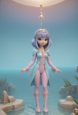 1girl,solo,long hair,breasts,looking at viewer,smile,short hair,bangs,blue eyes,hair ornament,long sleeves,closed mouth,standing,collarbone,full body,purple hair,hairband,small breasts,boots,outdoors,medium hair,water,black eyes,wet,see-through,bodysuit,skin tight,rock,pink footwear,pink bodysuit,lips,ocean,moon,light purple hair,wading