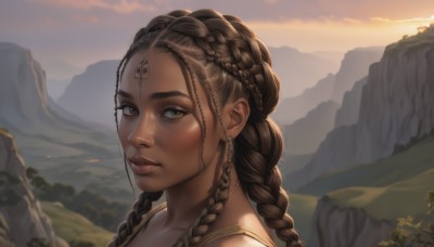 1girl,solo,long hair,looking at viewer,brown hair,brown eyes,jewelry,braid,earrings,outdoors,sky,cloud,dark skin,necklace,twin braids,dark-skinned female,lips,eyelashes,tattoo,facial mark,portrait,sunset,mountain,forehead mark,realistic,nose,mountainous horizon,multiple braids,black hair,closed mouth,no humans,cloudy sky,scenery,forehead,landscape