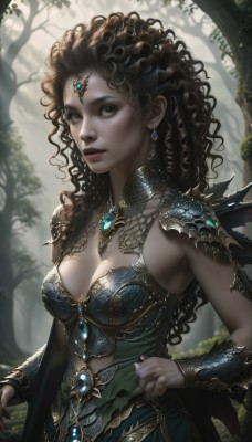 1girl,solo,long hair,breasts,looking at viewer,brown hair,black hair,dress,cleavage,brown eyes,jewelry,medium breasts,closed mouth,upper body,earrings,outdoors,day,artist name,signature,dark skin,necklace,nail polish,armor,blurry,dark-skinned female,tree,lips,fingernails,hand on hip,eyelashes,makeup,depth of field,blurry background,wavy hair,ring,tiara,lipstick,shoulder armor,gem,nature,forest,curly hair,green dress,pauldrons,circlet,realistic,nose,fantasy,bracer,yellow eyes,parted lips,armpits,cape,chain,watermark,eyeshadow,mascara