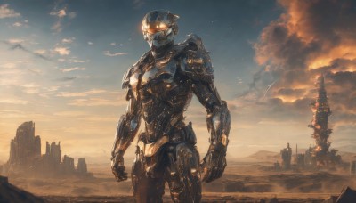 solo,1boy,standing,male focus,outdoors,sky,cloud,armor,military,no humans,helmet,cloudy sky,robot,building,mecha,science fiction,sunset,city,realistic,aircraft,military vehicle,damaged,power armor,contrail,glowing,scenery,glowing eyes,cityscape,ruins,dusk,humanoid robot,skyline