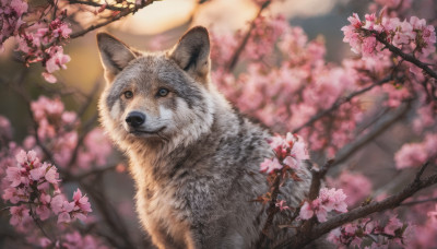 looking at viewer, flower, outdoors, blurry, tree, no humans, depth of field, blurry background, animal, cherry blossoms, dog, realistic, branch, animal focus, spring (season)