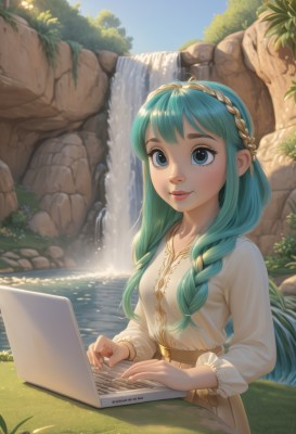 1girl,solo,long hair,breasts,looking at viewer,smile,bangs,blue eyes,skirt,shirt,long sleeves,jewelry,sitting,closed mouth,blue hair,white shirt,upper body,braid,hairband,small breasts,outdoors,green hair,sky,day,belt,artist name,signature,water,twin braids,aqua eyes,tree,blue sky,lips,fingernails,eyelashes,aqua hair,watermark,grass,plant,nature,hair over shoulder,web address,freckles,brown skirt,rock,nose,brown belt,computer,river,laptop,waterfall,dress,white dress,thick eyebrows