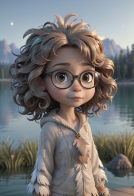 1girl,solo,looking at viewer,smile,short hair,brown hair,long sleeves,brown eyes,jewelry,closed mouth,upper body,outdoors,sky,glasses,day,medium hair,water,blurry,black eyes,lips,depth of field,blurry background,grass,feathers,messy hair,child,nature,backlighting,black-framed eyewear,curly hair,rock,nose,female child,river,lake,artist name,hood,flat chest,fur trim,eyelashes,hoodie,watermark,wavy hair,thick eyebrows,hood down,wind,web address,reflection,mountain