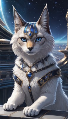 solo,blue eyes,jewelry,closed mouth,sky,signature,no humans,night,animal,cat,brooch,gem,star (sky),night sky,starry sky,animal focus,white fur,whiskers,blue gemstone,red gemstone,looking at viewer,space