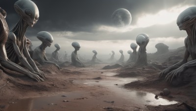 sitting,outdoors,sky,cloud,no humans,moon,cloudy sky,scenery,science fiction,monster,rock,multiple others,alien,6+others,tentacles,realistic,sand