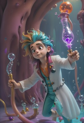 solo,blonde hair,shirt,1boy,holding,green eyes,blue hair,male focus,multicolored hair,boots,pants,artist name,water,two-tone hair,coat,buttons,watermark,aged down,staff,child,web address,freckles,bubble,underwater,labcoat,white coat,air bubble,male child,potion,green hair