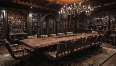 indoors,cup,no humans,window,chair,table,bottle,scenery,alcohol,drinking glass,wooden floor,door,light,lamp,candle,wine glass,stool,shelf,bar (place),candlestand,chandelier,book,bookshelf,painting (object),cabinet,treasure chest