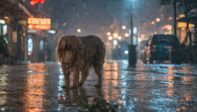 outdoors, sky, blurry, no humans, night, depth of field, animal, building, scenery, reflection, rain, dog, city, road, street