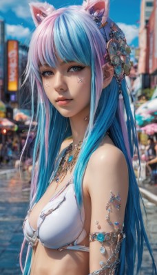 1girl,solo,long hair,breasts,looking at viewer,bangs,blue eyes,hair ornament,animal ears,cleavage,bare shoulders,jewelry,medium breasts,closed mouth,blue hair,swimsuit,upper body,pink hair,bikini,multicolored hair,outdoors,sky,solo focus,day,artist name,cat ears,water,necklace,blurry,two-tone hair,blue sky,lips,streaked hair,animal ear fluff,eyelashes,depth of field,blurry background,fake animal ears,white bikini,gem,bikini top only,armlet,freckles,realistic,nose,white hair,small breasts,cloud,mole,from side,grey eyes,facial mark,road,street