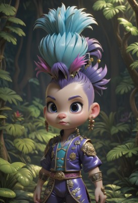 1girl,solo,looking at viewer,short hair,blue eyes,shirt,hair ornament,1boy,jewelry,closed mouth,blue hair,standing,jacket,purple hair,flower,short sleeves,male focus,multicolored hair,cowboy shot,earrings,outdoors,open clothes,belt,pants,artist name,bracelet,two-tone hair,open jacket,tree,lips,fingernails,makeup,leaf,piercing,feathers,plant,ear piercing,child,nature,forest,feather hair ornament,male child,topknot,mohawk,ponytail