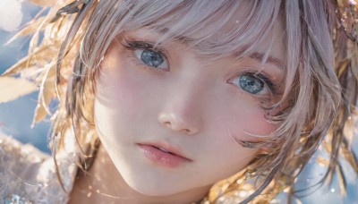 1girl,solo,looking at viewer,short hair,bangs,blue eyes,white hair,grey hair,outdoors,parted lips,sky,teeth,day,blurry,blue sky,lips,eyelashes,sunlight,feathers,portrait,close-up,realistic,hair ornament,jewelry,cloud