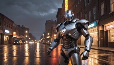 solo,blue eyes,1boy,standing,male focus,outdoors,sky,cloud,water,armor,no humans,night,glowing,cloudy sky,robot,ground vehicle,building,mecha,glowing eyes,motor vehicle,reflection,science fiction,rain,city,realistic,car,road,power armor,lights,humanoid robot,power suit,sign,cityscape,lamppost,street,open hands,city lights,cyberpunk,neon lights