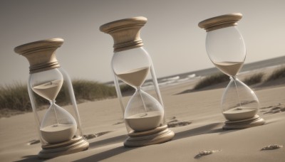 monochrome,outdoors,sky,day,signature,water,blurry,tree,no humans,shadow,ocean,beach,grass,scenery,sand,horizon,shore,still life,desert,grey background,blurry background,bottle,rock