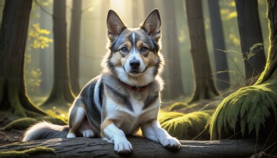 HQ,solo,looking at viewer,blue eyes,full body,outdoors,day,blurry,collar,tree,no humans,animal,sunlight,plant,nature,forest,dog,realistic,animal focus,signature,on stomach,red collar,animal collar