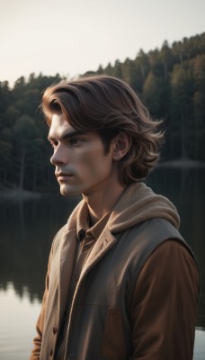 solo,short hair,brown hair,shirt,long sleeves,1boy,brown eyes,closed mouth,jacket,upper body,male focus,outdoors,hood,blurry,vest,from side,tree,looking to the side,blurry background,hood down,nature,forest,brown jacket,realistic,nose,brown vest,blue eyes,jewelry,signature,water,necklace,lips,profile,scar,freckles,serious,looking afar