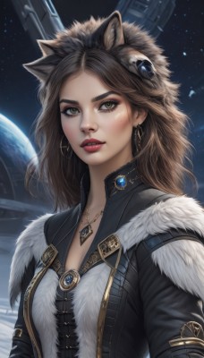 1girl,solo,long hair,breasts,looking at viewer,brown hair,hair ornament,animal ears,cleavage,brown eyes,jewelry,medium breasts,jacket,upper body,earrings,parted lips,cat ears,necklace,mole,lips,coat,fur trim,mole under eye,makeup,star (sky),pendant,freckles,science fiction,hoop earrings,realistic,nose,red lips,space,planet,earth (planet),spacecraft,yellow eyes,sky,teeth,artist name,signature,black jacket,moon,wolf ears,lipstick,starry sky,wolf girl