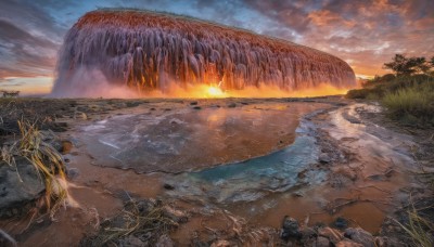 outdoors,sky,cloud,water,tree,no humans,ocean,beach,sunlight,cloudy sky,grass,nature,scenery,reflection,sunset,rock,mountain,sand,sun,horizon,river,landscape,shore,day,plant,fantasy