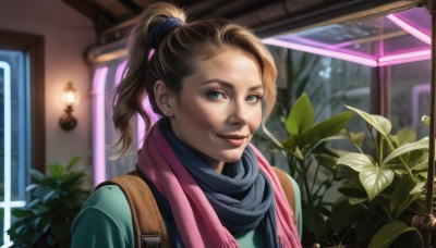 1girl,solo,long hair,looking at viewer,smile,blue eyes,brown hair,jewelry,closed mouth,upper body,ponytail,flower,earrings,indoors,scarf,blurry,lips,window,blurry background,plant,realistic,nose,stud earrings,lamp,blue scarf,signature,depth of field,portrait,hair tie,light