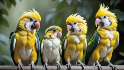 HQ,open mouth,standing,blurry,black eyes,no humans,blurry background,bird,animal,leaf,feathers,looking up,realistic,animal focus,talons,beak,odd one out,parrot,looking at viewer,outdoors,plant,nature