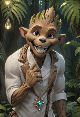 solo,looking at viewer,smile,open mouth,shirt,red eyes,1boy,animal ears,brown eyes,jewelry,tail,white shirt,upper body,male focus,outdoors,teeth,collared shirt,hand up,necklace,nail polish,grin,tree,fingernails,leaf,ring,thick eyebrows,plant,sharp teeth,gem,nature,furry,sleeves rolled up,forest,furry male,green nails,brown fur,light bulb,jacket,:d,glint