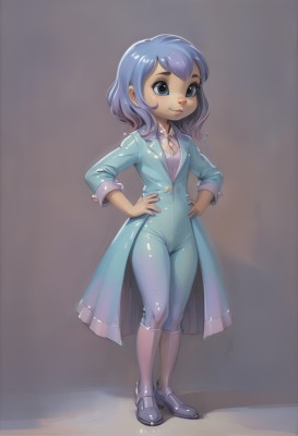 1girl,solo,breasts,smile,short hair,blue eyes,simple background,shirt,cleavage,blue hair,standing,full body,small breasts,shoes,shiny,collared shirt,pants,artist name,dark skin,black eyes,dark-skinned female,coat,personification,hands on hips,blue pants,blue coat,coattails,tailcoat,pantyhose,multicolored hair,lips,bodysuit,gradient hair