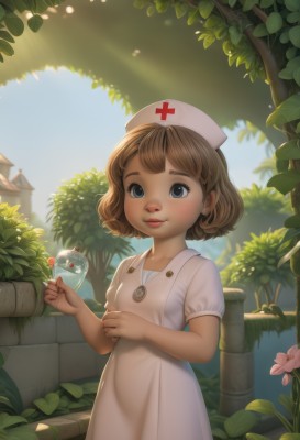 1girl,solo,looking at viewer,smile,short hair,bangs,blue eyes,brown hair,hat,dress,holding,jewelry,closed mouth,standing,flower,short sleeves,outdoors,day,artist name,white dress,tree,lips,sunlight,cross,plant,child,nurse cap,holding flower,female child,nurse,red cross,blush,sky,puffy sleeves,necklace,blue sky,puffy short sleeves,buttons,leaf,building,freckles,realistic,nose,bush,wall,garden,stone wall