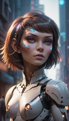 1girl,solo,breasts,looking at viewer,short hair,bangs,brown hair,brown eyes,closed mouth,upper body,small breasts,outdoors,artist name,blurry,lips,eyelashes,bodysuit,makeup,depth of field,blurry background,headgear,facial mark,looking up,building,eyeshadow,science fiction,nose,android,eyeliner,joints,cyborg,robot joints,cyberpunk,signature,glowing,expressionless,sunlight,robot,lens flare,backlighting,realistic,facepaint,mascara