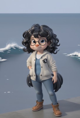 1girl,solo,looking at viewer,smile,blue eyes,shirt,black hair,standing,jacket,full body,boots,outdoors,glasses,pants,hood,medium hair,water,black eyes,hoodie,shadow,ocean,brown footwear,white jacket,cardigan,denim,child,curly hair,hand in pocket,jeans,female child,waves,short hair,tail,shoes,artist name,beach,aged down,messy hair,freckles,fish tail