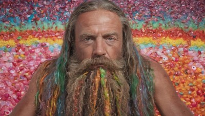 solo,long hair,looking at viewer,1boy,upper body,grey hair,male focus,multicolored hair,food,grey eyes,facial hair,traditional media,beard,realistic,old,old man,colorful,surreal,wrinkled skin,nude,green hair,mustache,painting (medium),what