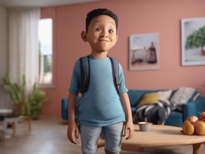 solo,looking at viewer,smile,short hair,shirt,black hair,1boy,brown eyes,closed mouth,standing,male focus,food,shorts,pants,indoors,bag,blurry,cup,window,fruit,blurry background,chair,table,backpack,blue shirt,curtains,child,couch,bowl,realistic,arms at sides,apple,male child,grey pants,black eyes,depth of field,t-shirt,orange (fruit)