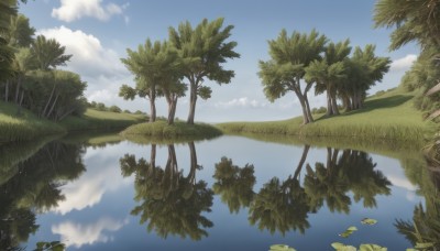 outdoors,sky,day,cloud,water,tree,blue sky,no humans,cloudy sky,grass,plant,nature,scenery,forest,reflection,lake,lily pad,signature,horizon,landscape,pond,reflective water,island