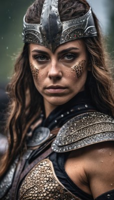 1girl,solo,long hair,looking at viewer,brown hair,brown eyes,closed mouth,upper body,armor,blurry,lips,grey eyes,helmet,shoulder armor,portrait,freckles,pauldrons,breastplate,realistic,nose,scales,gorget,chainmail,breasts