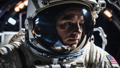 solo,1boy,closed mouth,upper body,male focus,dark skin,blurry,blurry background,helmet,portrait,reflection,science fiction,realistic,space,american flag,spacesuit,astronaut,blue eyes,signature,planet,earth (planet),spacecraft,space helmet,united states