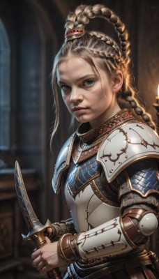 1girl,solo,long hair,looking at viewer,blue eyes,blonde hair,brown hair,hair ornament,holding,closed mouth,upper body,weapon,braid,sword,indoors,holding weapon,armor,blurry,lips,grey eyes,blurry background,knife,shoulder armor,gauntlets,freckles,pauldrons,breastplate,realistic,nose,holding knife,dagger,chainmail,plate armor,brown eyes,holding sword,forehead,dirty,knight,multiple braids